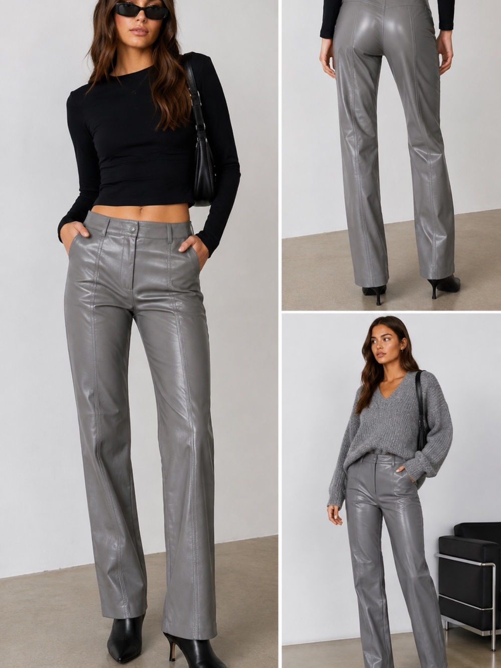 Aritzia Wilfred Melina 6Gray Vegan Faux Leather Pants High Rise Straight Leg Y2K